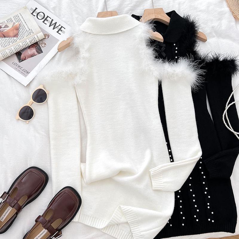 Long-Sleeve Cold Shoulder Fluffy Trim Mini Knit Dress Product Image