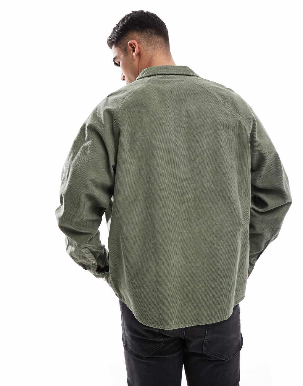 ASOS DESIGN 90s oversized cord shirt with square collar in khaki Product Image