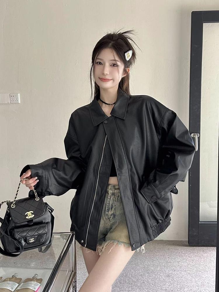 Lapel Collar Plain Faux Leather Oversized Jacket Product Image