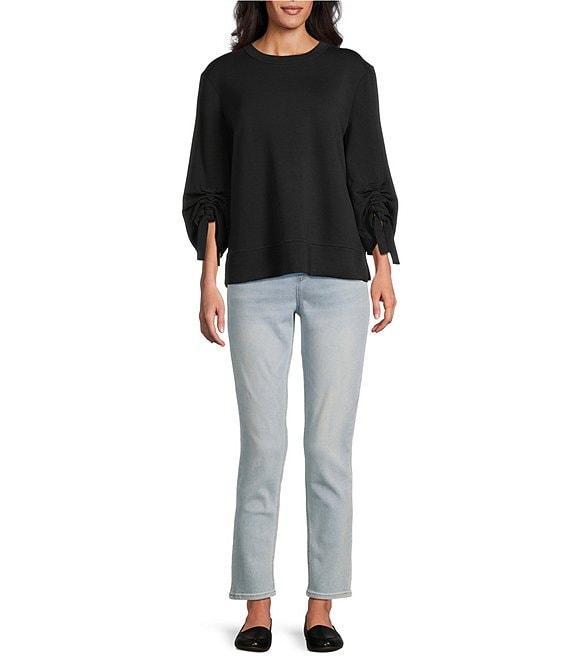 Westbound Petite Size Printed Ruched Sleeve Crew Neck Top Product Image
