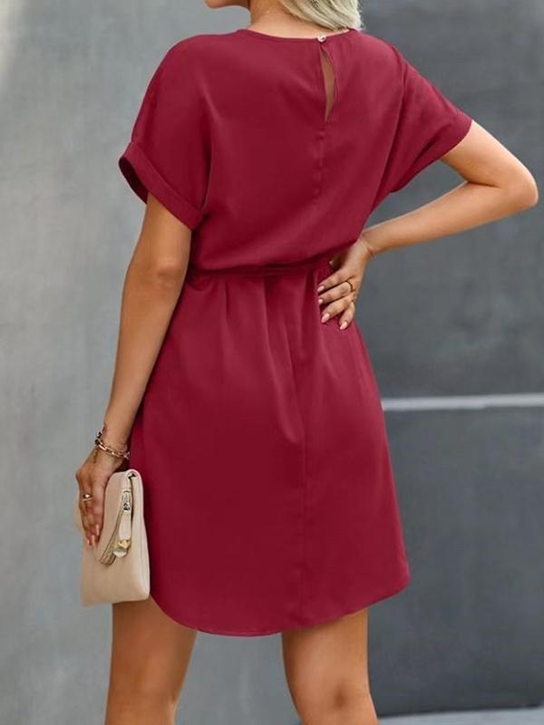 Loose Short Sleeves Solid Color Tied Waist Round-Neck Mini Dresses Product Image