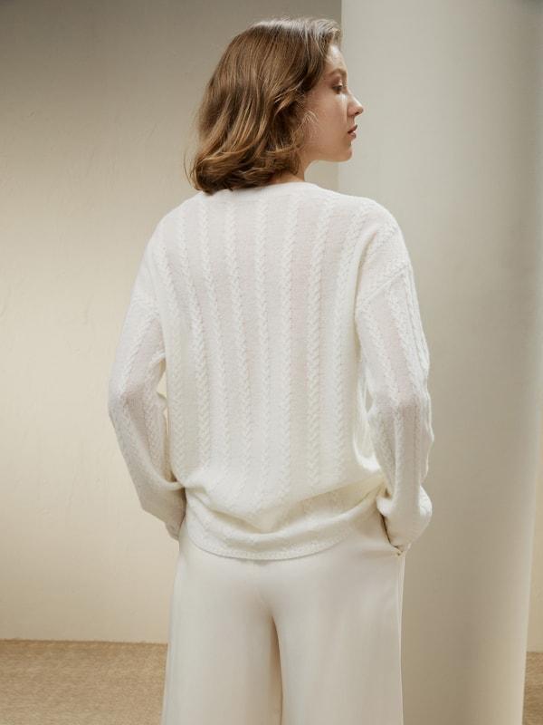 LILYSILK Pure Cashmere Sweaters - for Women - White Premium Cashmere - Simple Yet Classic Cable-Knit Sweater XL Product Image