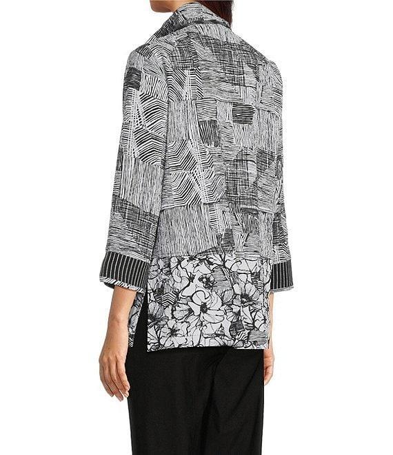 Ali Miles Petite Size Puckered Woven Floral Stripe Print Wire Collar 3/4 Sleeve Contrast Trim Button Front Tunic Product Image