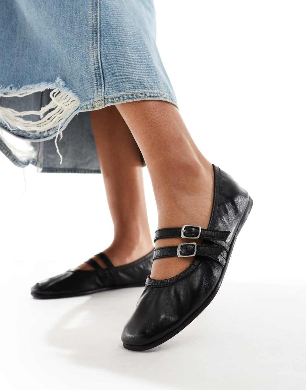 Free People leather strap detail ballet pumps in black Product Image