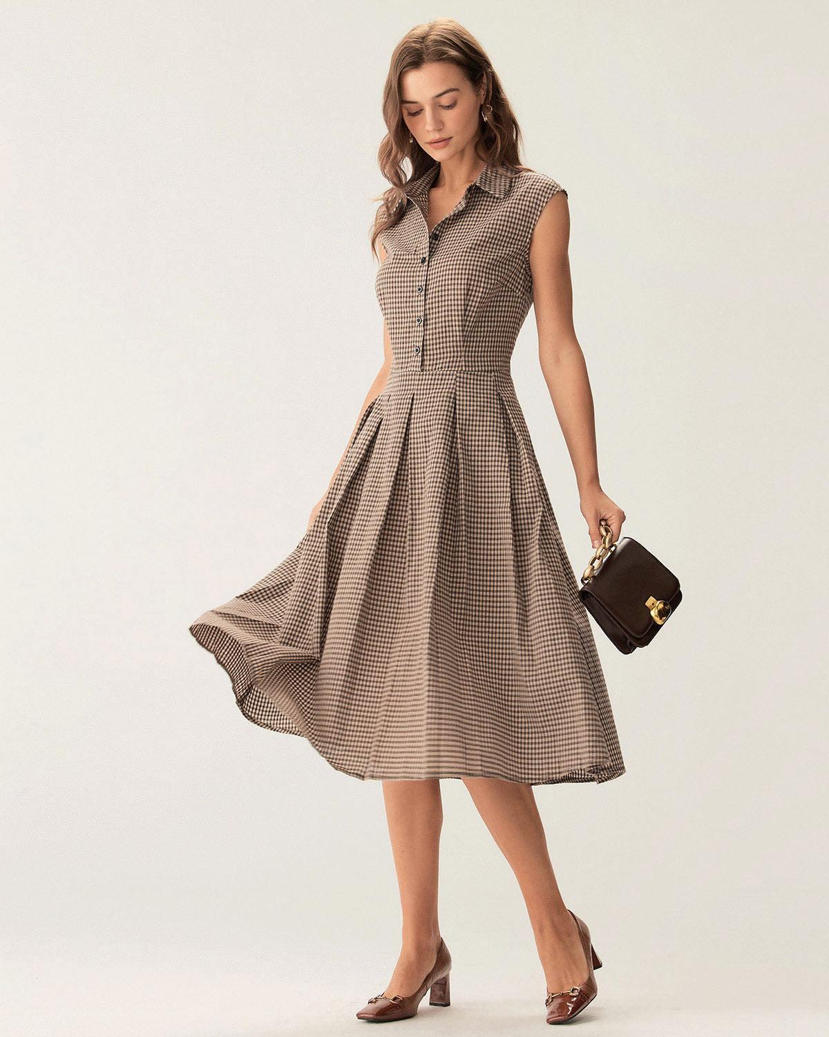 Brown Plaid Button Pleated Midi Dress Product Image