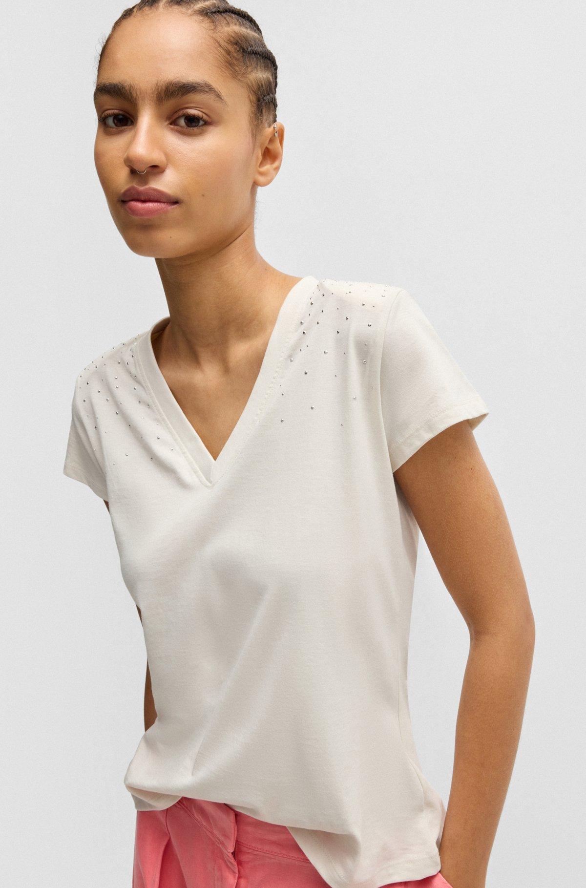BOSS - V-neck T-shirt in cotton with embellishments - White Product Image