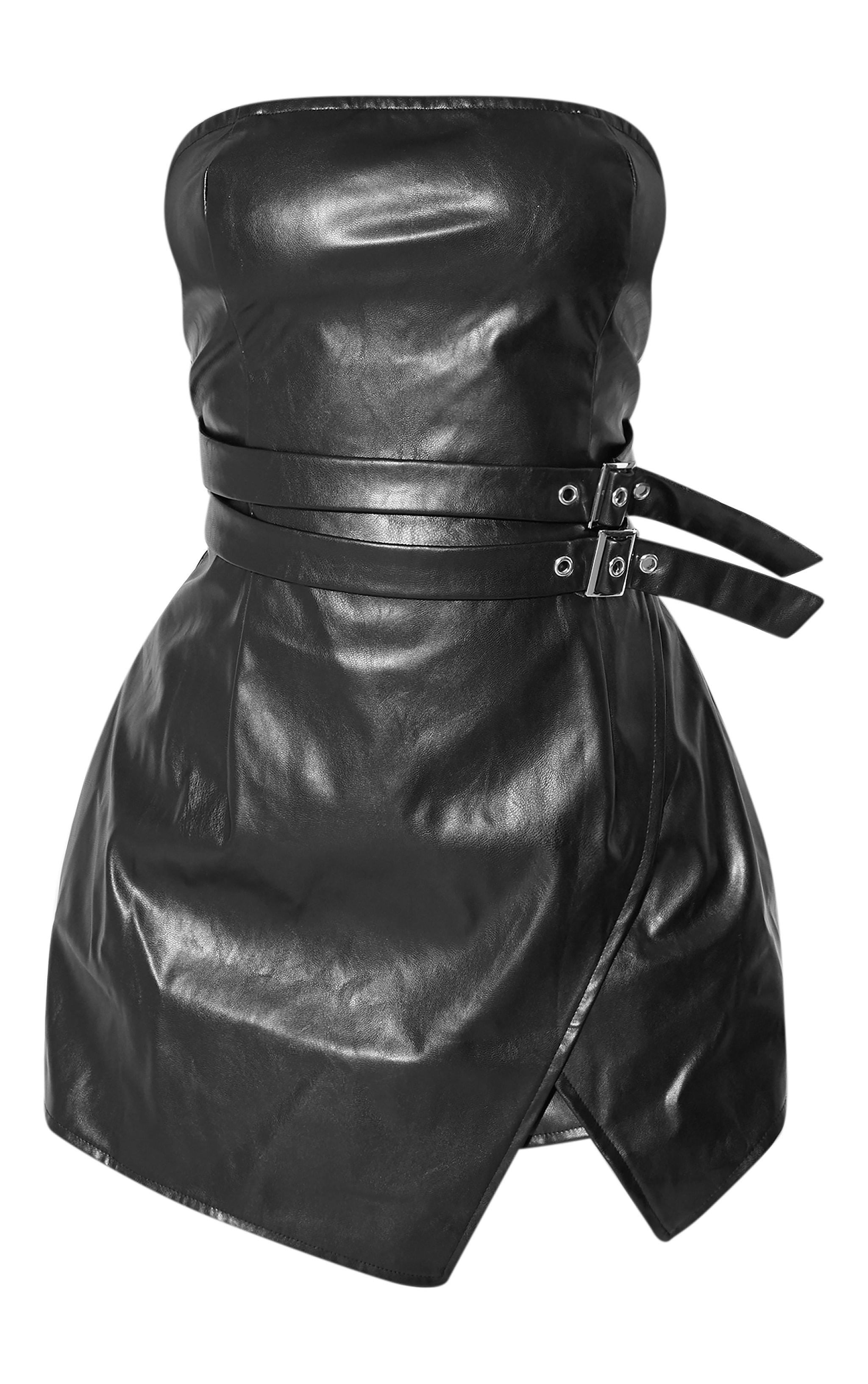 Petite Black Faux Leather Bandeau Belt Detail Romper Product Image