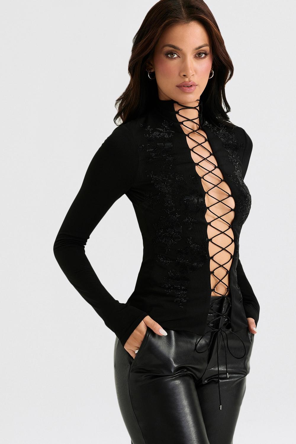 Lori  black crystallised lace up top Product Image