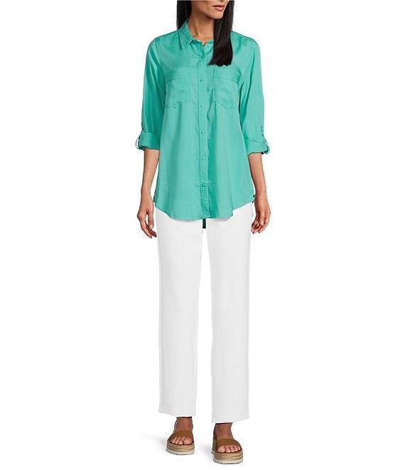 Intro Petite Size Roll-Tab Sleeve Button Front Slub Lyocell Shirt Product Image
