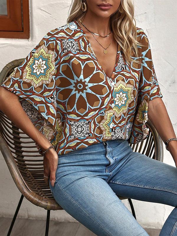 Batwing Sleeves Loose Buttoned Flower Print V-Neck Blouses&Shirts Tops Product Image