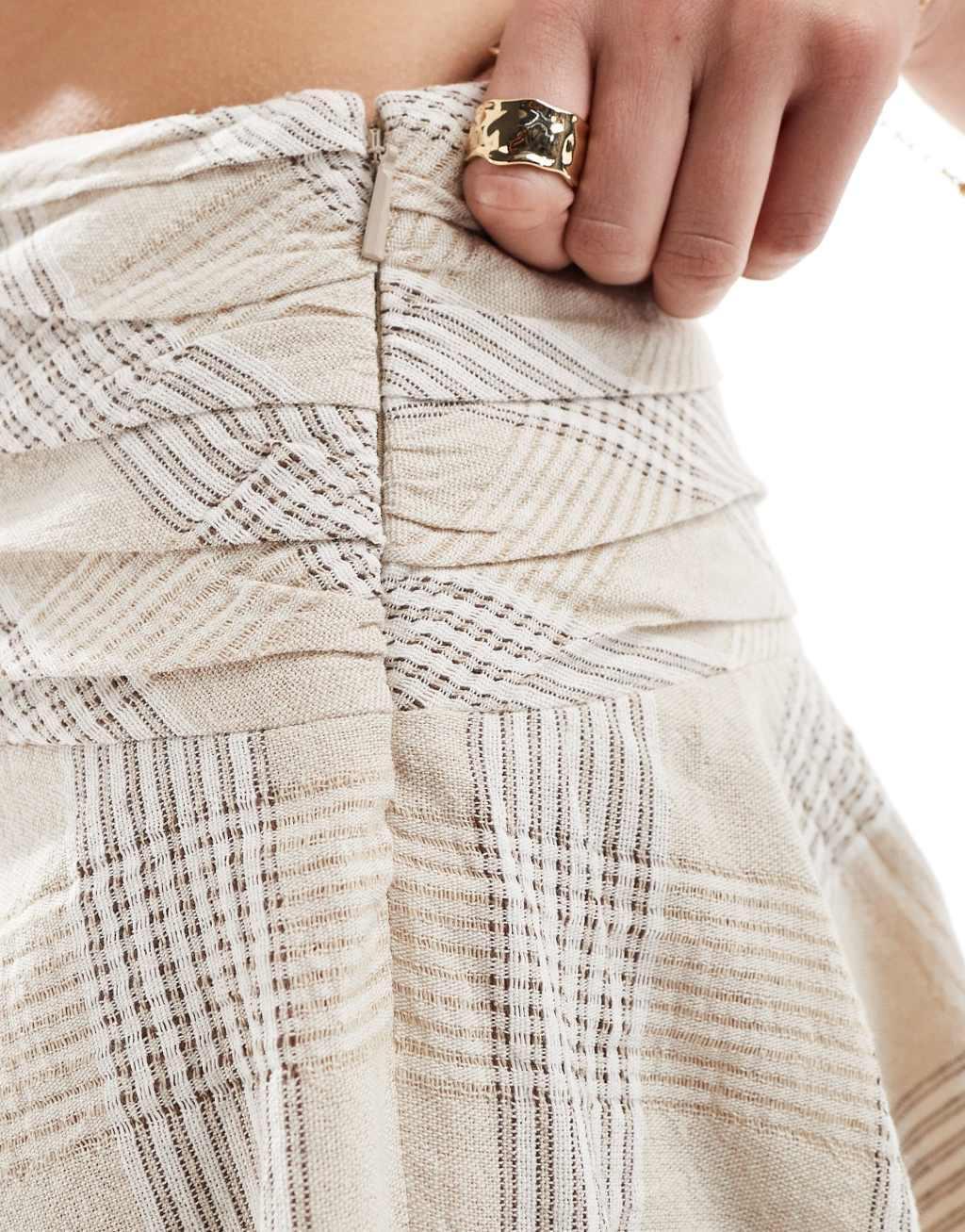 Mango checked ruched waist mini skirt in beige Product Image