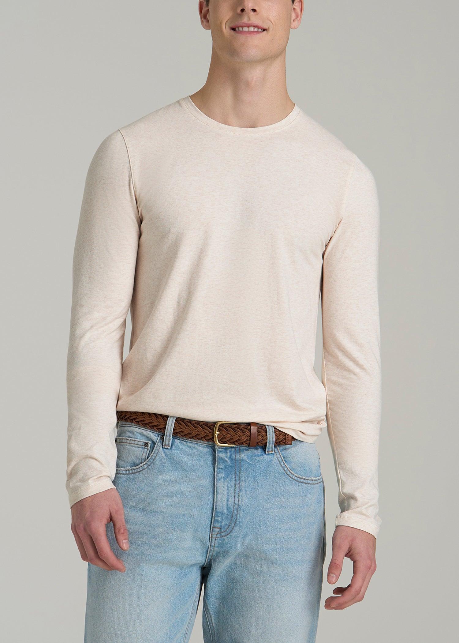 The Essential Modern Fit Crewneck Long Sleeve Tee for Tall Men in Heathered Oatmeal Male Product Image