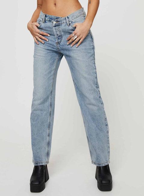 Holly Mid Rise Straight Leg Asymmetric Jean Light Wash Denim Product Image