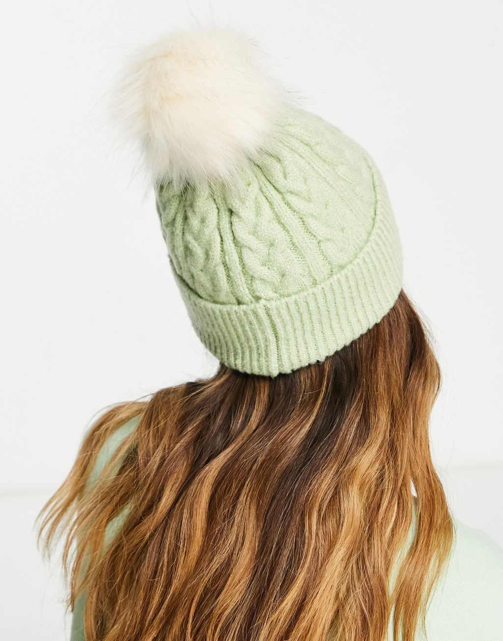 ASOS DESIGN cable knit beanie with faux fur pom in sage Product Image