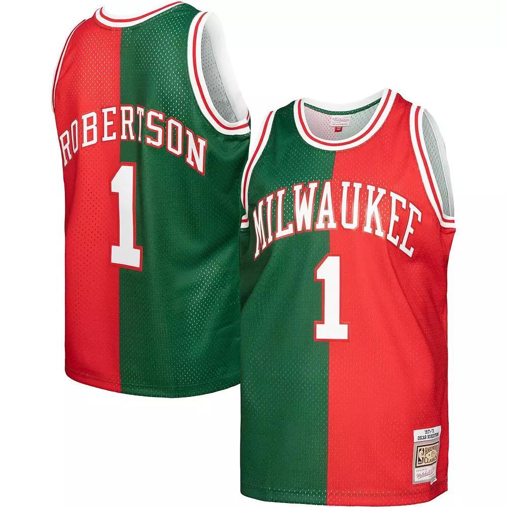 Men's Mitchell & Ness Oscar Robertson Green/Red Milwaukee Bucks Hardwood Classics 1971-72 Split Swingman Jersey, Size: Medium Product Image