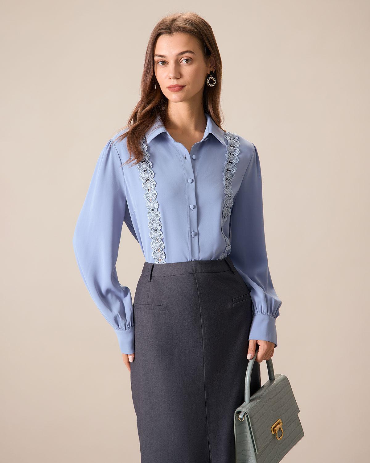Women's Blue Lace Trim Shirt Female Product Image