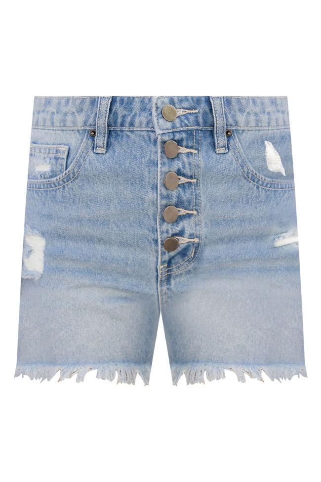 Off On The Town Button-Fly Distressed Light Wash Shorts FINAL SALE Product Image