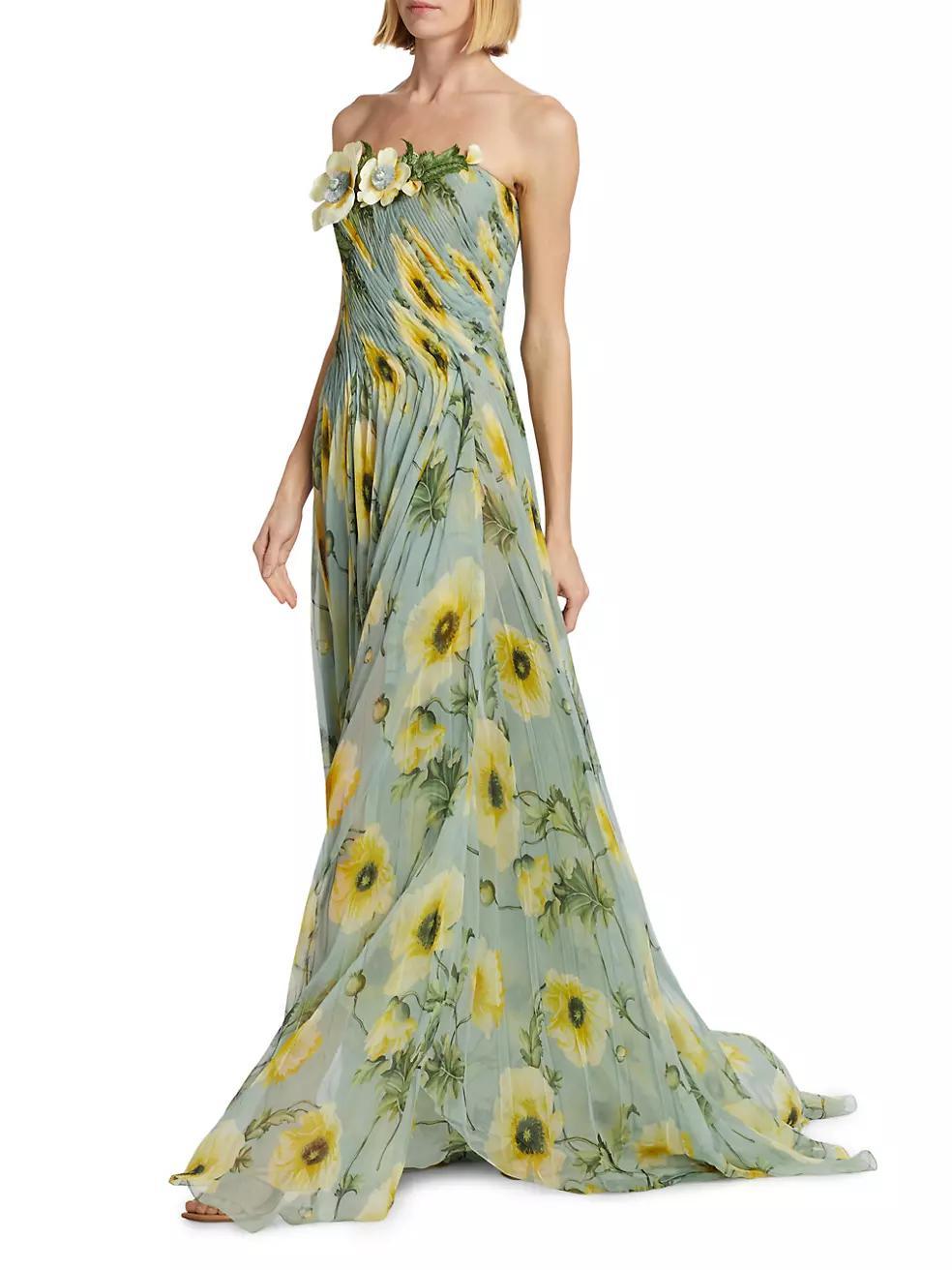 Poppies Silk Chiffon Pleated Gown Product Image