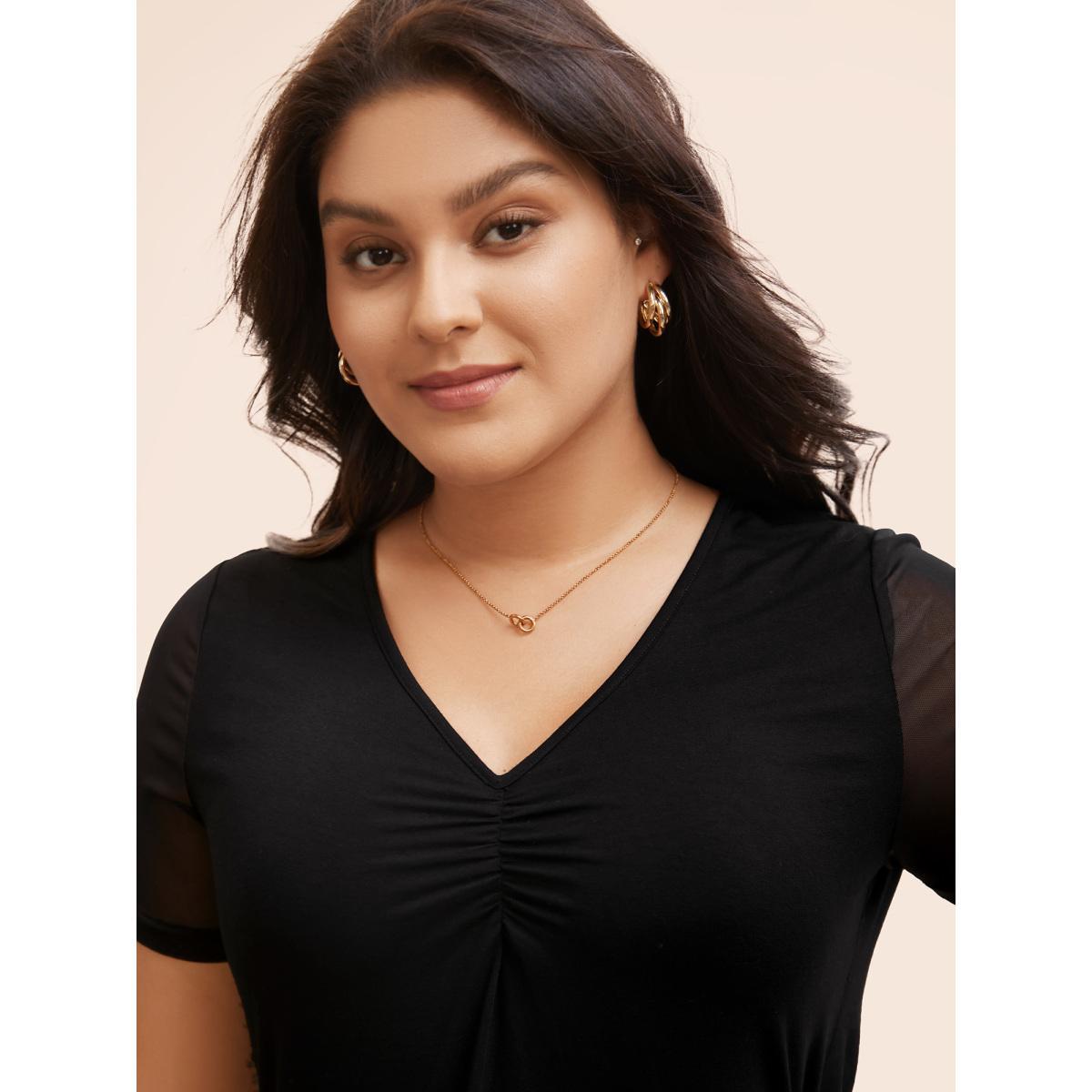 Plus Size V Neck Mesh Patchwork Ruched T-shirt Black Women Elegant Gathered Heart neckline Skinny Everyday T-shirts BloomChic 14-16/1X Product Image
