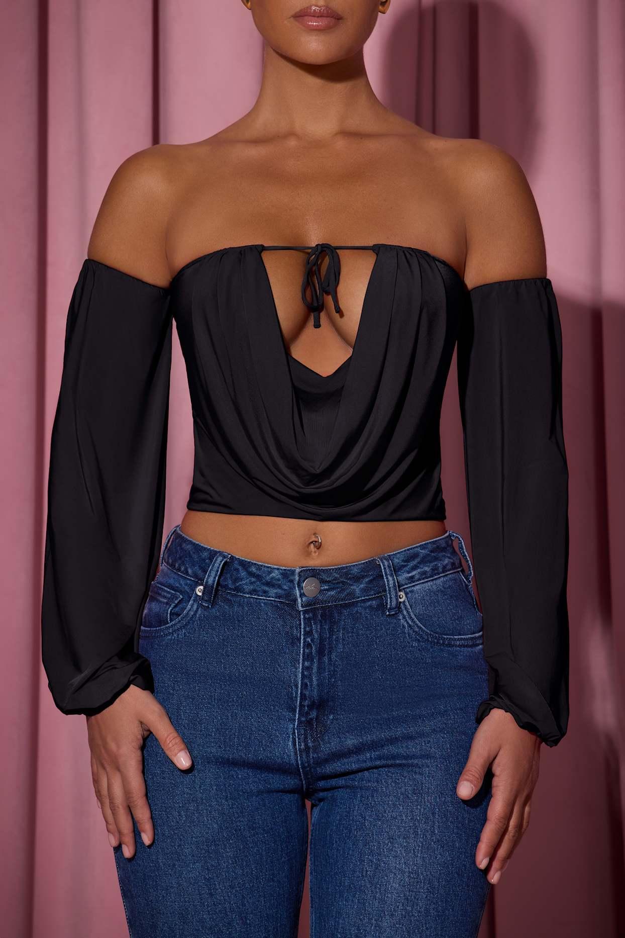 Off-Shoulder Draped Balloon-Sleeve Top in Black Female Product Image