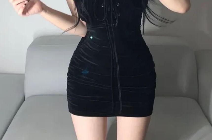 Two-Way Velvet Lace-Up Slim-Fit Halter Mini Dress Product Image