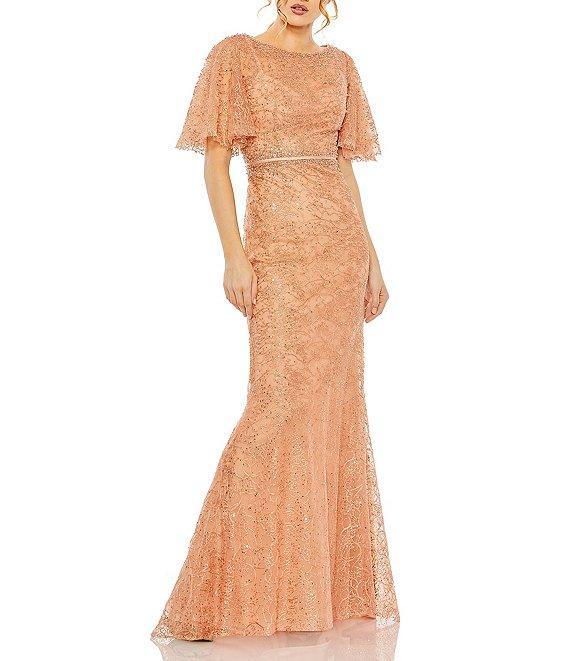 Mac Duggal Beaded Illusion Neckline Short Butterfly Sleeve Gown Product Image