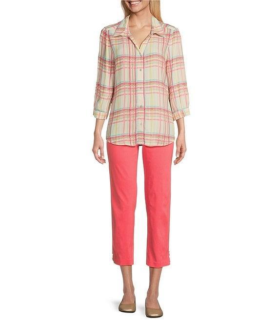 Allison Daley Petite Size Floral 3/4 Sleeve Keyhole Neck Asymmetric Hem Knit Top Product Image