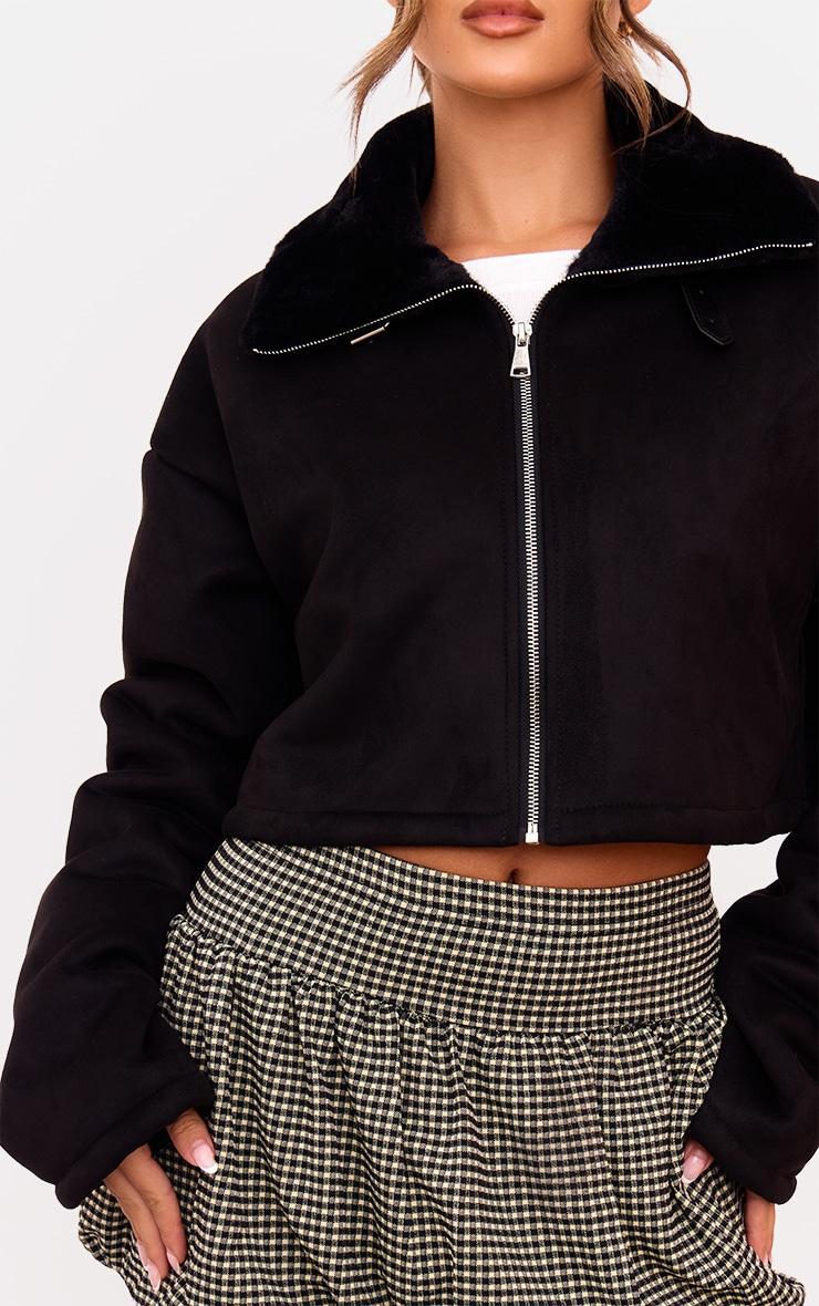 Black Dropped Shoulder Cropped Faux Fur Contrast Jacket Product Image