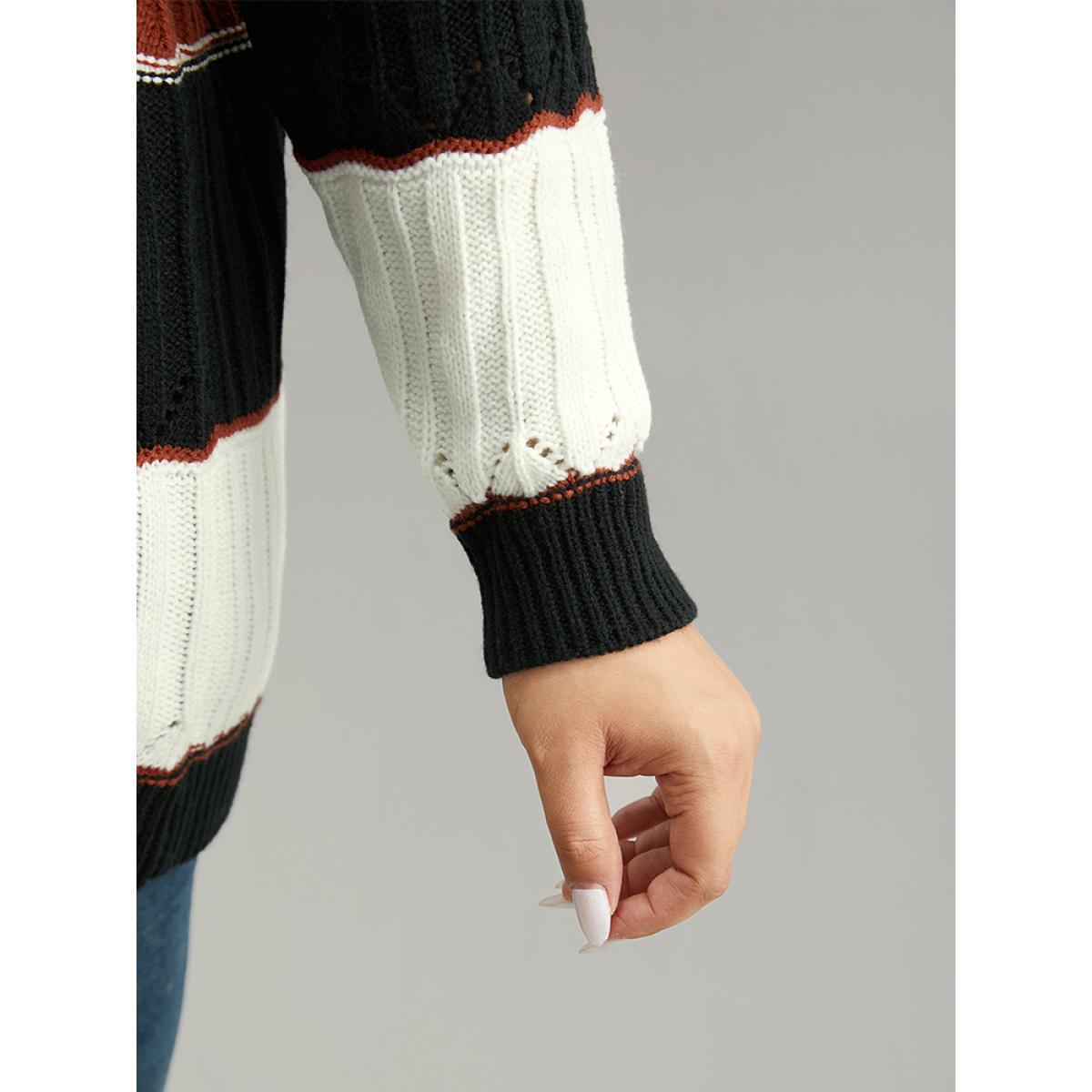 Plus Size Colorblock Contrast Hollow Out Drop Shoulder Pullover Multicolor Women Casual Loose Long Sleeve V-neck Dailywear Pullovers BloomChic 26/4X Product Image