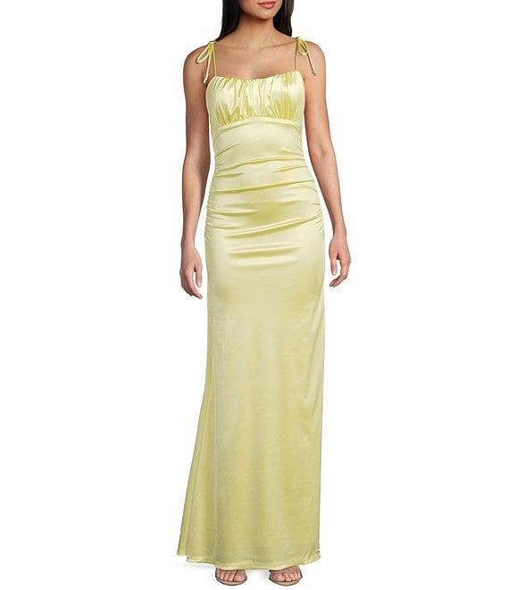Honey and Rosie Scoop Neck Spaghetti Tie Strap Low-Back Gown Product Image