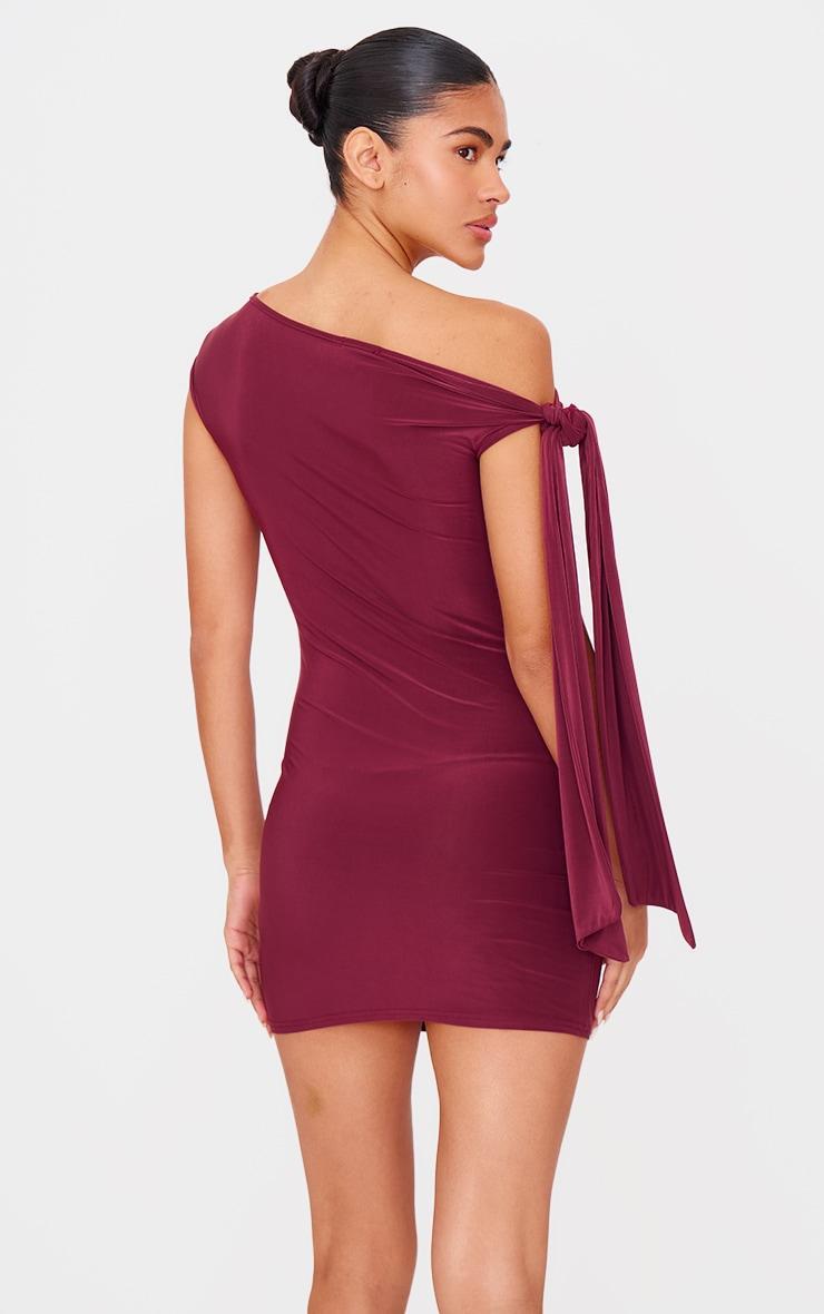 Plum Slinky Asymmetric Tie Shoulder Mini Dress Product Image