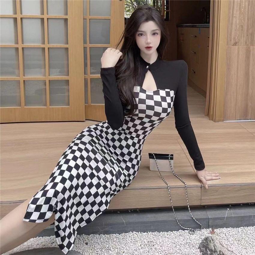 Long-Sleeve Stand Collar Checkerboard Cutout Slit Midi Bodycon Dress Product Image