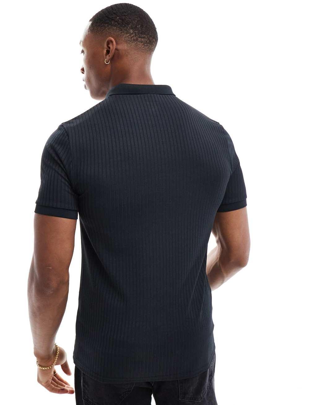 ASOS DESIGN muscle fit rib polo with zip in black Product Image