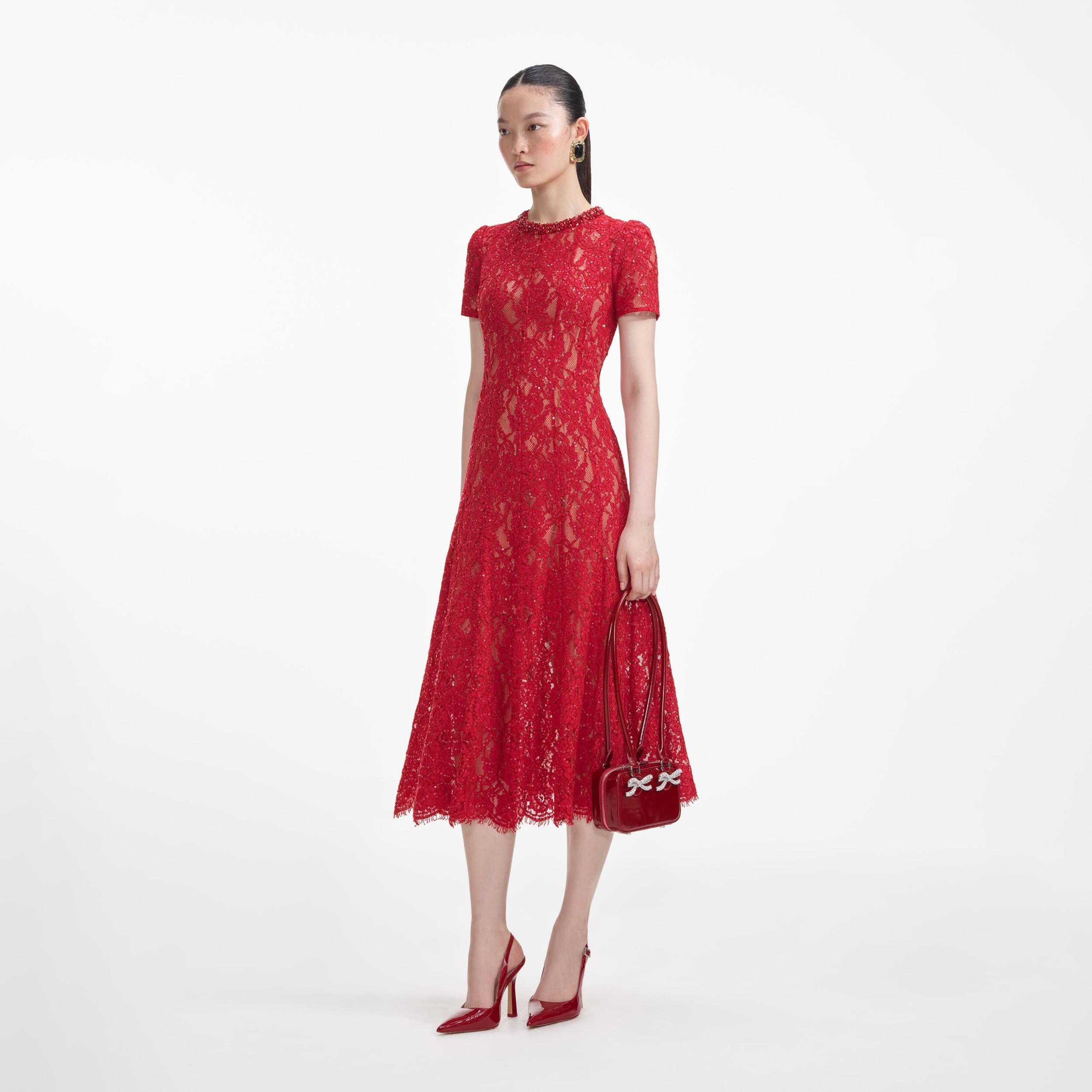 Red Sequin Lace Midi Dress Product Image