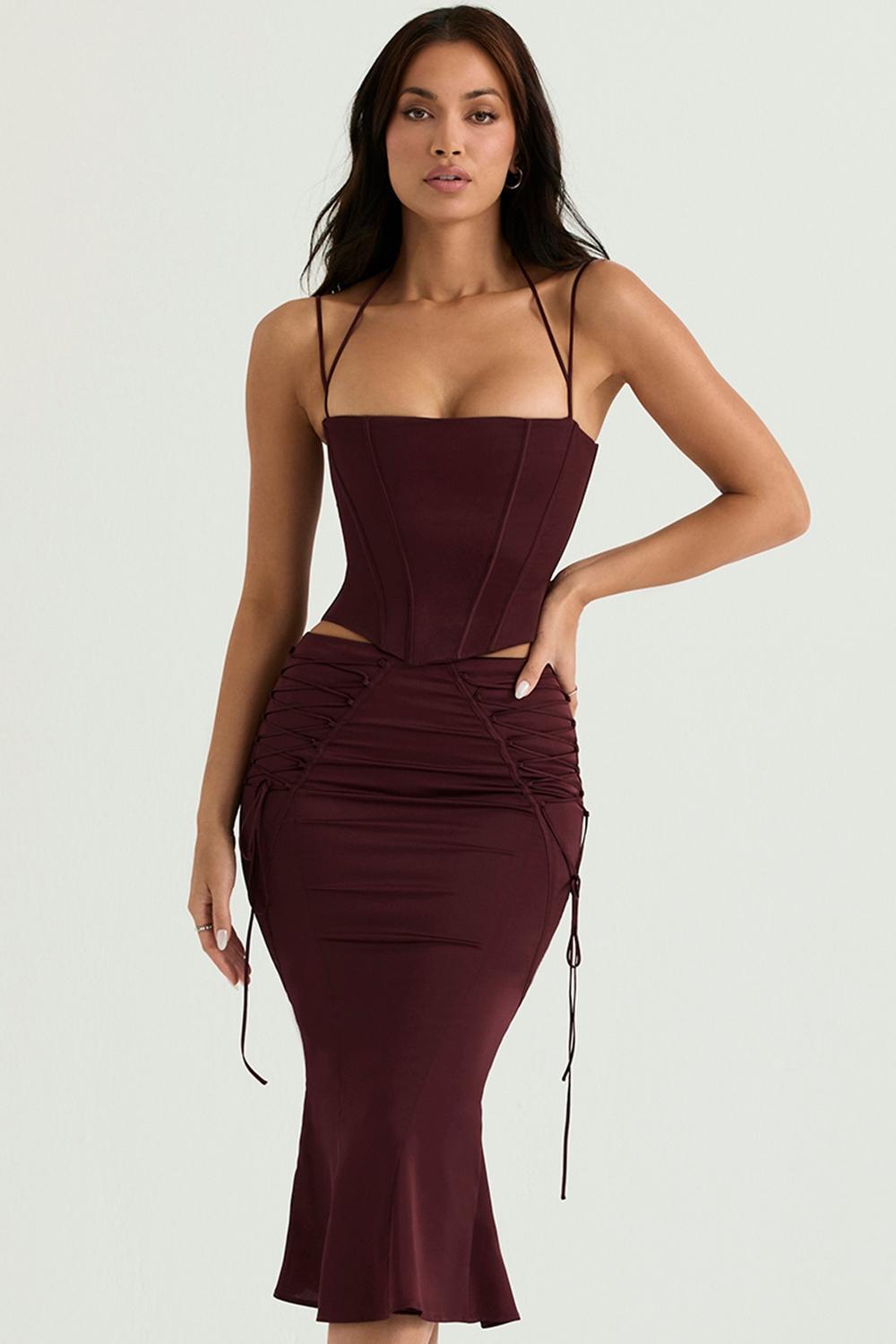 Sidonie Wine Satin Lace Up Midi Skirt Product Image