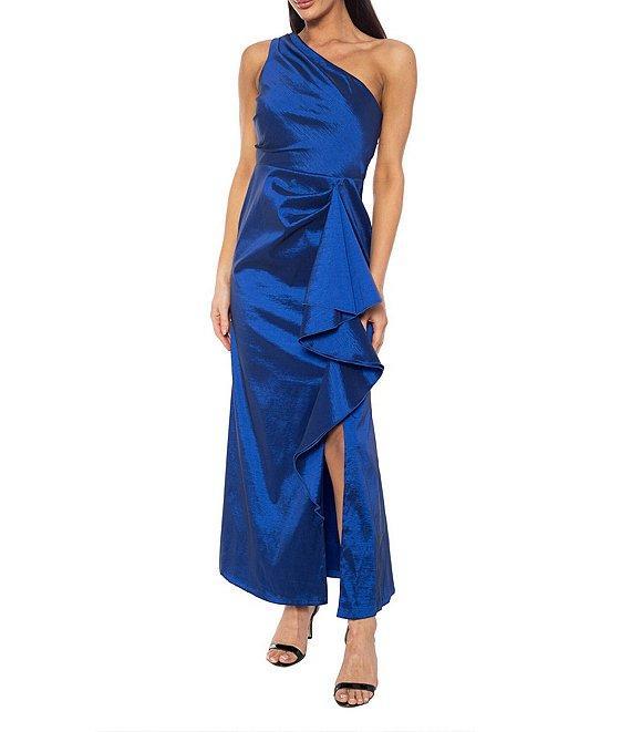 Marina One Shoulder Sleeveless Front Slit Ruffle Taffeta Gown Product Image
