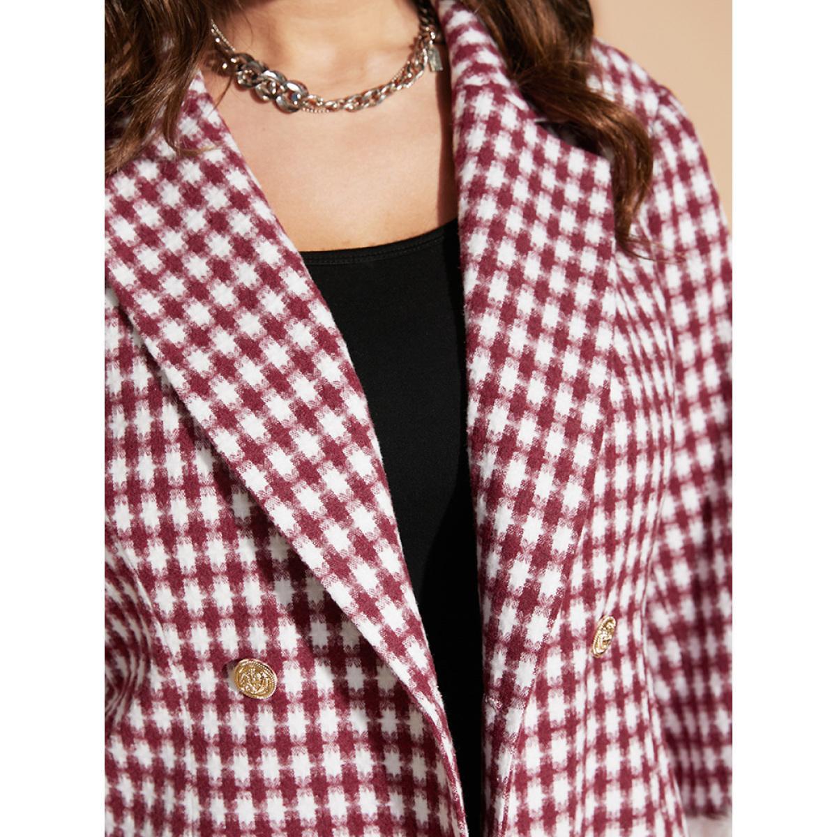 Plus Size Gingham Fuzzy Trim Button Front Blazer Scarlet Women Dailywear Gingham Button Sleeve Long Sleeve Suit Collar 30/6X Elegant Blazers BloomChic Product Image