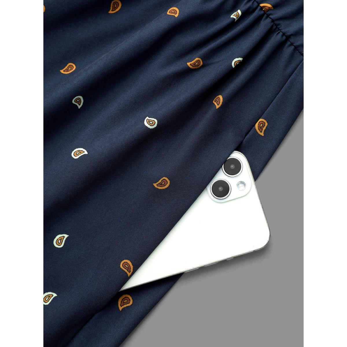 Plus Size Notched Collar Boho Print Contrast Dress Navy Women Resort Non Flat collar with V-notch Long Sleeve Curvy BloomChic 28/5X Product Image