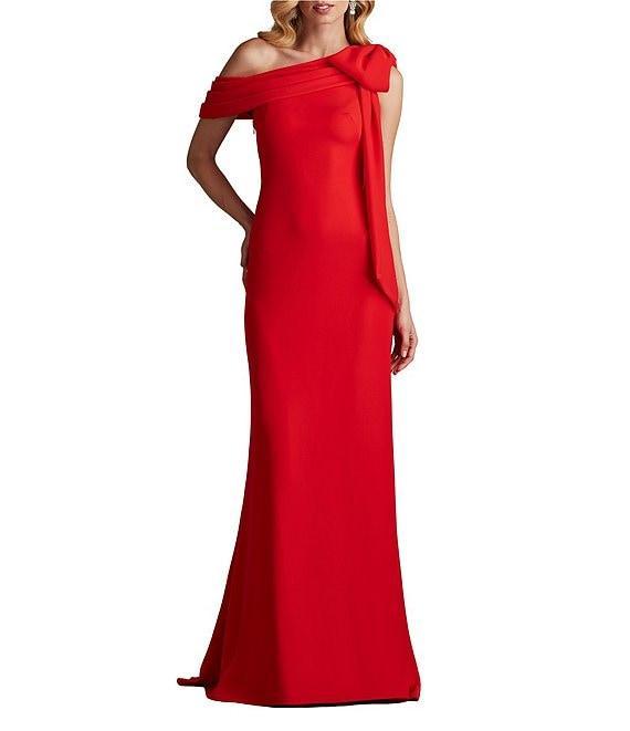Tadashi Shoji Draped One Shoulder Bow Detail Crepe Sheath Gown Product Image