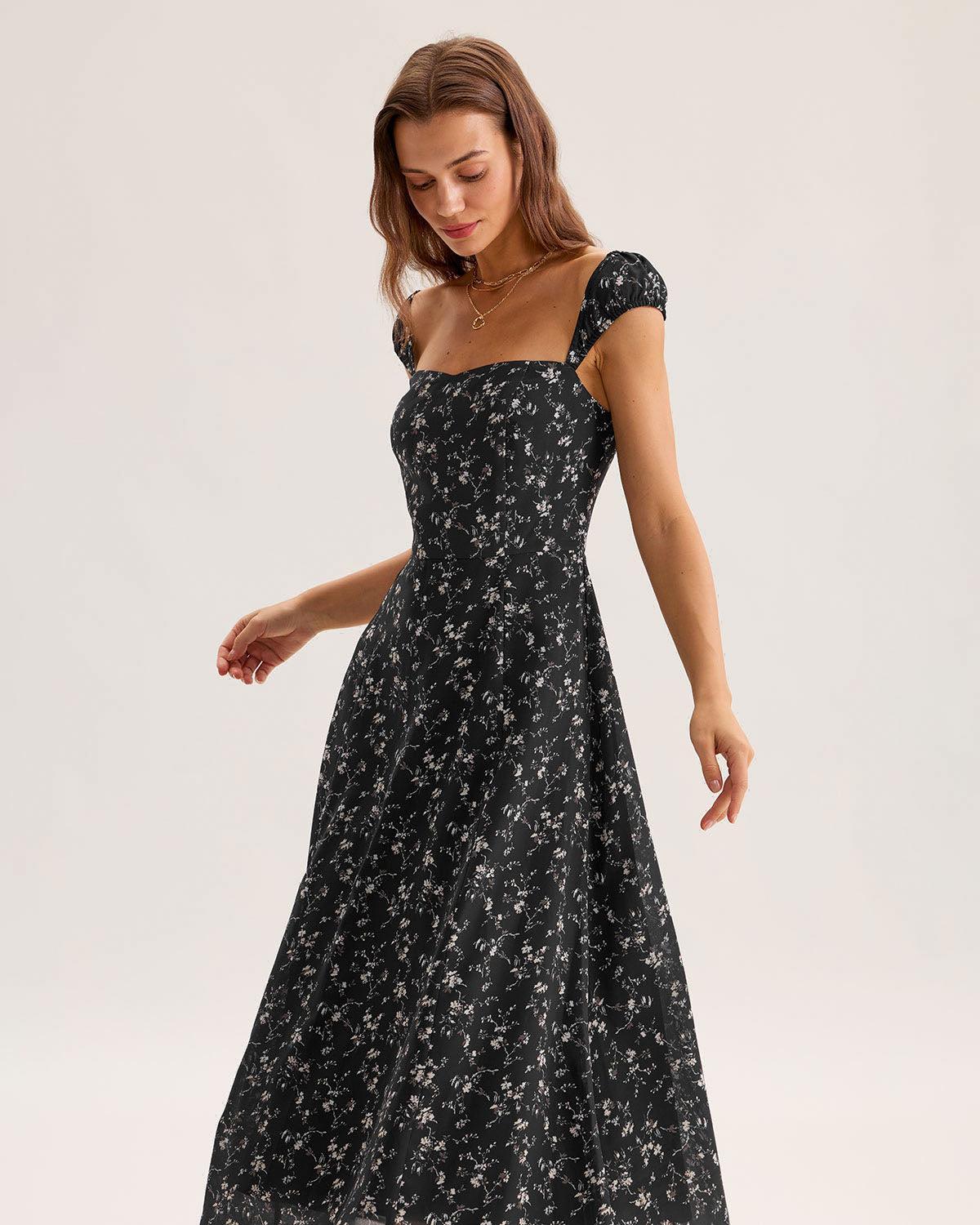 Black Floral Sweetheart Neck Midi Dress Product Image