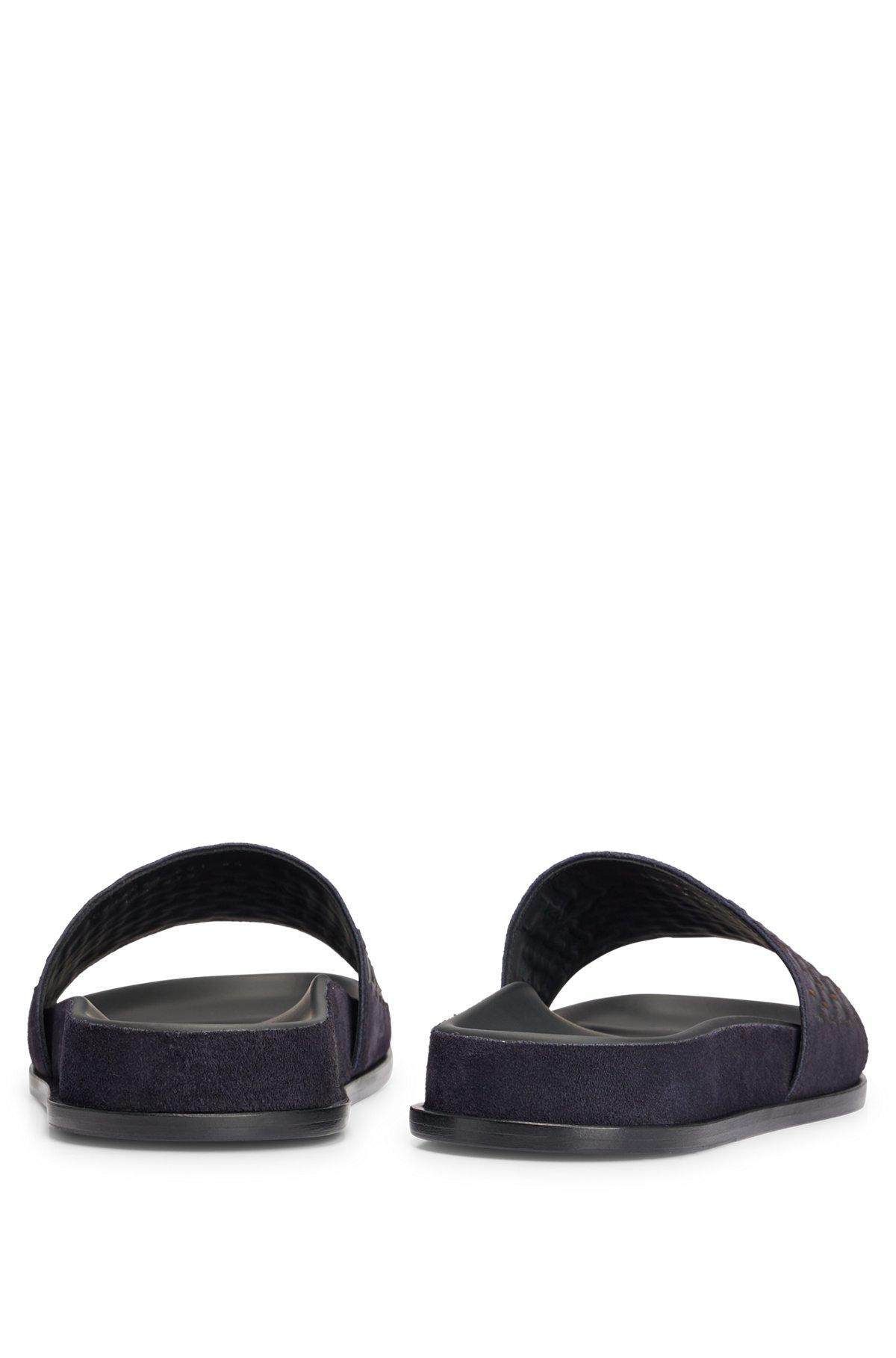 Mixed-leather slides with woven upper strap Product Image