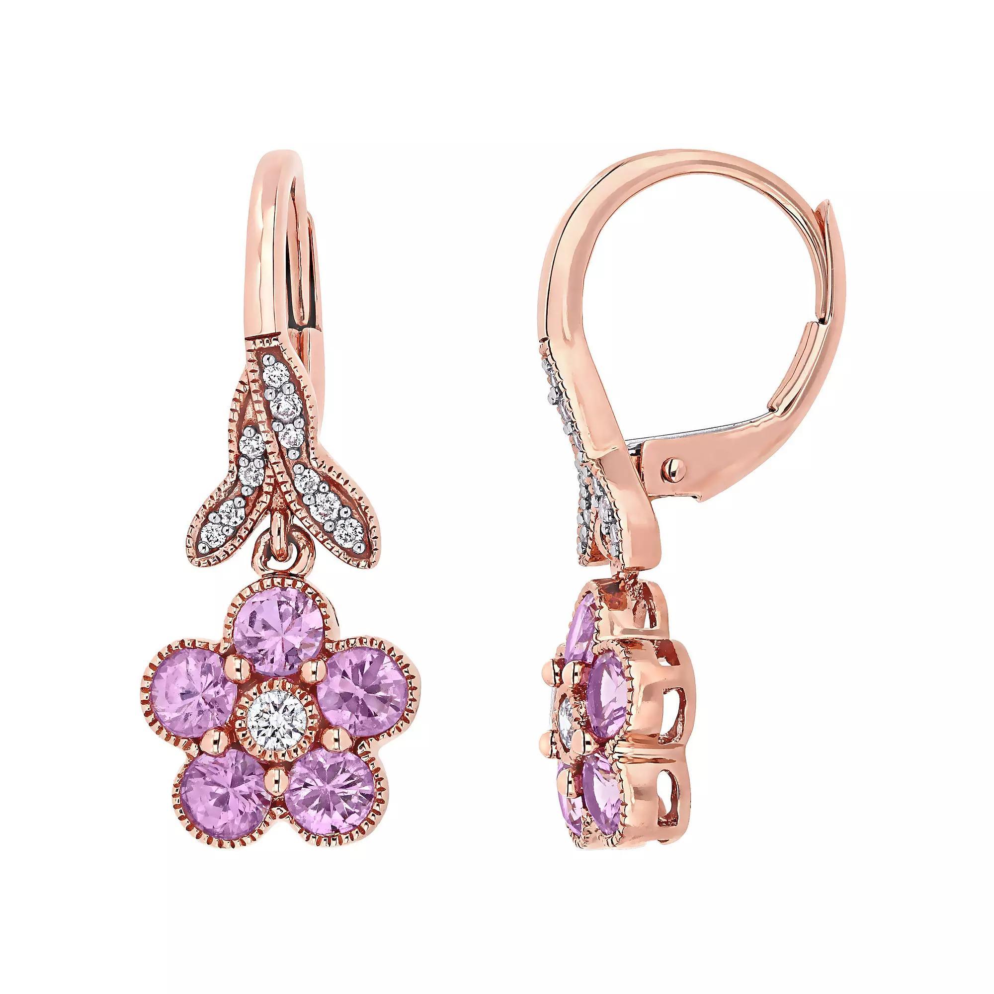 Stella Grace 14k Rose Gold Pink Sapphire & 1/7 Carat T.W. Diamond Flower Leverback Earrings, Women's Product Image