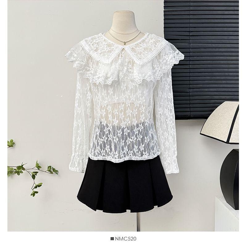 Ruffle-Collar Sheer Lace Blouse Product Image