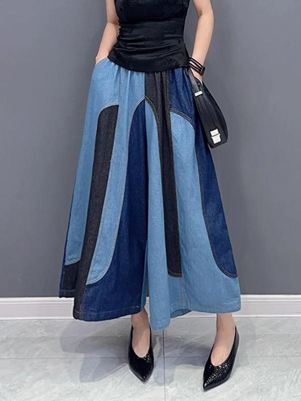 Loose Wide Leg Contrast Color Elasticity Split-Joint Jean Pants Bottoms Product Image
