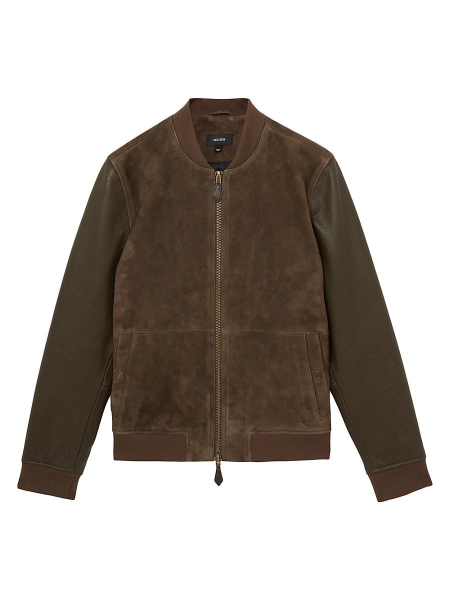 Mens Block Leather-Suede Zip-Up Bomber Jacket Product Image