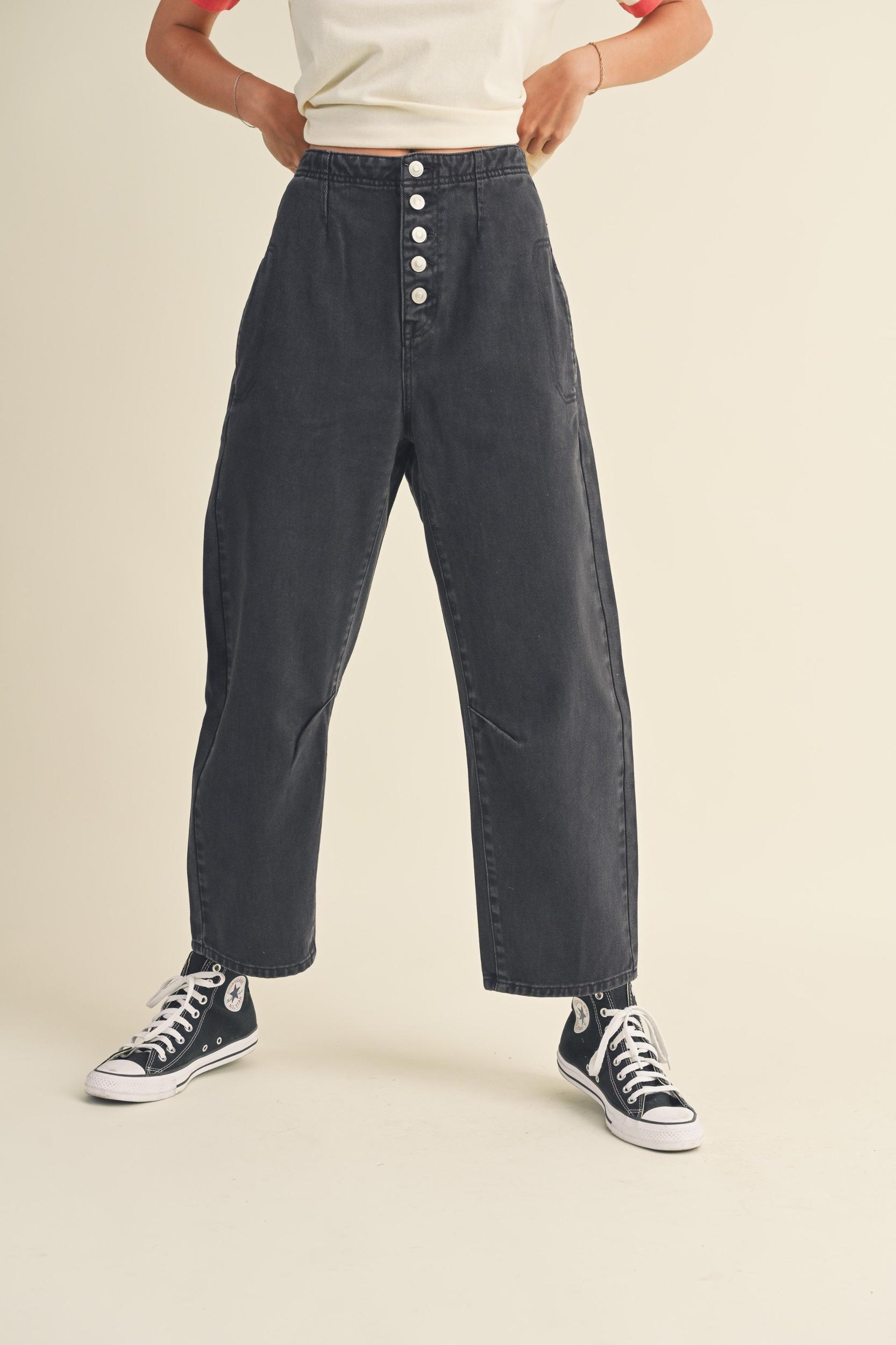 Washed Black Button Baggy Pants Product Image