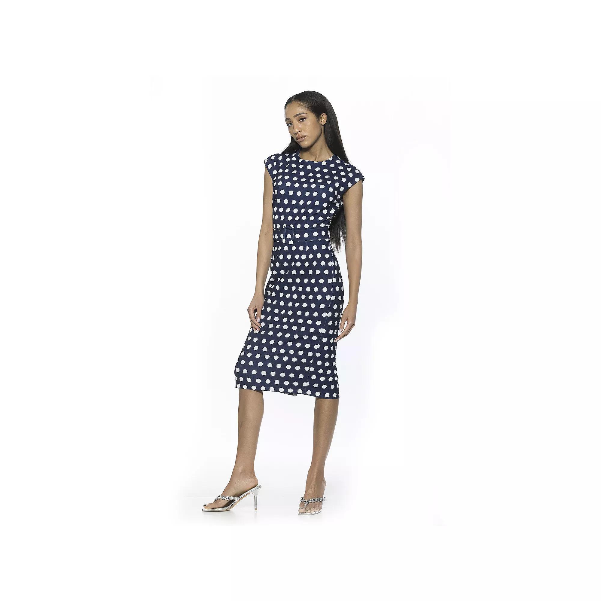 Women's ALEXIA ADMOR Blossom Crewneck Sleeveless Belted Sheath Dress, Size: XS, Blue Polka Dot Product Image