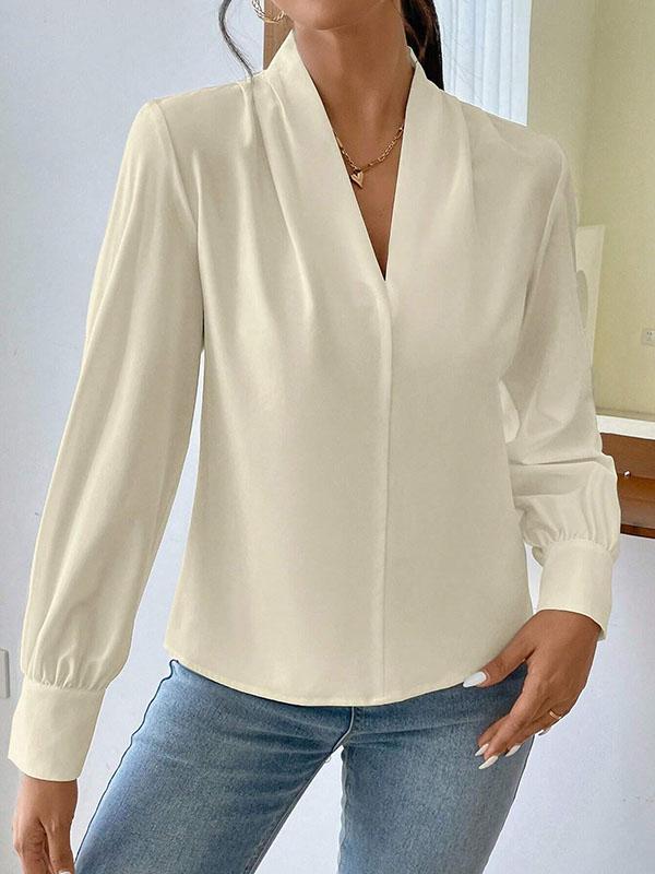 Long Sleeves Loose Pleated Solid Color Split-Joint V-Neck Blouses&Shirts Tops Product Image