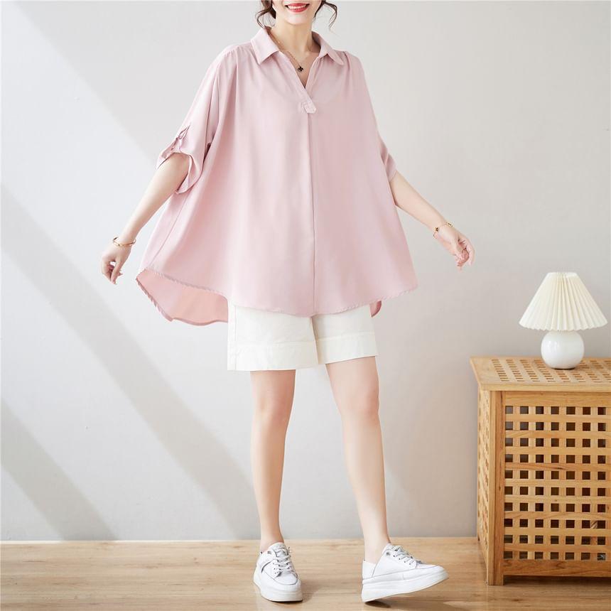 Elbow-Sleeve Collared V-Neck Plain Blouse Product Image