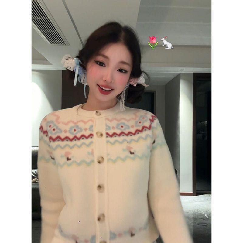 Crewneck Jacquard Button-Up Cardigan Product Image